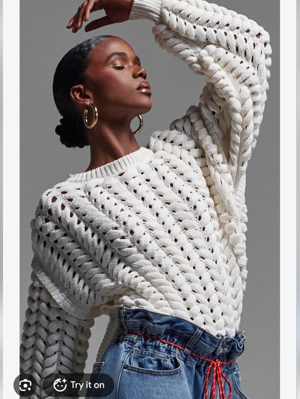 Chunky Open-Knit Crewneck Sweater in Cream